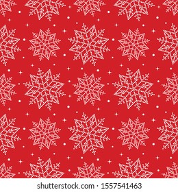Snowflakes seamless pattern. Christmas ornament of dotted white snowflakes on red background. Winter celebrations print for gift paper. Vector Illustration.