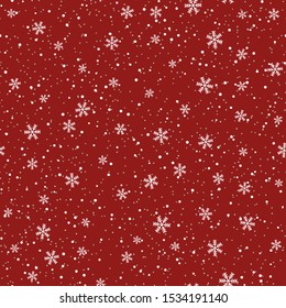 Snowflakes seamless pattern. Christmas red background. Snowfall repeat backdrop. Winter snow flake falling flat design. Snowy simple chaotic texture. Blizzard sky template. Vector illustration