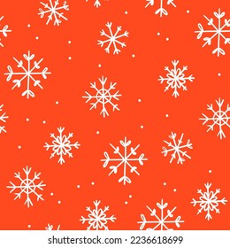 El patrón de los copos de nieve es fluido. Fondo rojo de Navidad. Fondo de repetición de la nevada. La nieve de invierno cae de diseño plano.