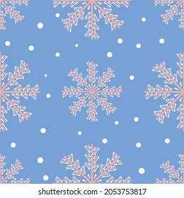 El patrón de los copos de nieve es fluido. Papel de envoltura de Navidad, huellas textiles, papeles pintados. Espectaculares copos de nieve sobre fondo azul. Símbolo de invierno. Ilustración del vector