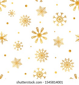 Snowflakes seamless pattern. Christmas wrapping paper with gold snowflakes. Winter design elements for textiles, wallpaper, cards. Vector illustration.