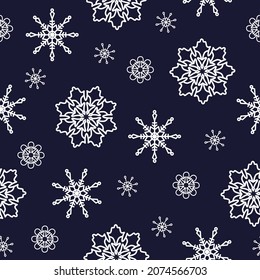 Snowflakes seamless pattern. Decorative ornament white snow flakes on dark blue. Christmas symbol texture. Wallpaper print wrapping greeting card. Flake geometric shape winter set vector illustration