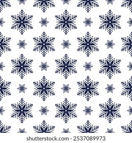 Patrón sin fisuras de copos de nieve, ilustración detallada de la línea de Vector dibujada a mano. Dibujo de doodle de contorno gráfico. Fondo de Navidades y año Nuevo para diseño de invierno helado, envoltura de regalo, embalaje, textil