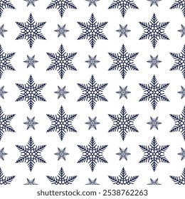 Snowflakes seamless pattern, detailed hand drawn vector line illustration. Graphic outline doodle drawing. Christmas and New Year background for frosty winter design, gift wrapping, packaging, textile
