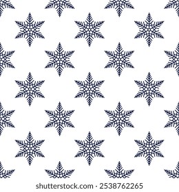 Snowflakes seamless pattern, detailed hand drawn vector line illustration. Graphic outline doodle drawing. Christmas and New Year background for frosty winter design, gift wrapping, packaging, textile