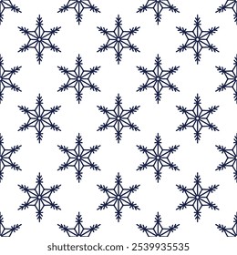 Schneeflocken nahtloses Muster, detaillierte handgezeichnete Vektorliniengrafik. Grafische Umriss-Doodle-Zeichnung. Weihnachten und Neujahr Hintergrund für frostiges Winterdesign, Geschenkverpackung, Verpackung, Textilien