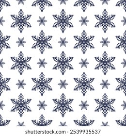 Patrón sin fisuras de copos de nieve, ilustración detallada de la línea de Vector dibujada a mano. Dibujo de doodle de contorno gráfico. Fondo de Navidades y año Nuevo para diseño de invierno helado, envoltura de regalo, embalaje, textil
