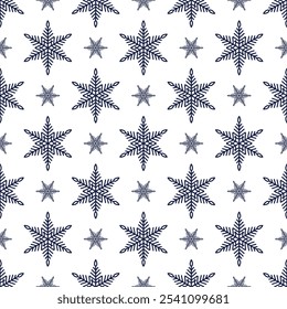 Flocos de neve padrão sem costura, ilustração detalhada mão desenhada linha vetor. Desenho de rabiscar de contorno gráfico. Fundo de Natal e Ano Novo para design de inverno gelado, embrulho de presente, embalagem, têxtil