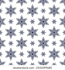 Flocos de neve padrão sem costura, ilustração detalhada mão desenhada linha vetor. Desenho de rabiscar de contorno gráfico. Fundo de Natal e Ano Novo para design de inverno gelado, embrulho de presente, embalagem, têxtil