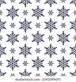 Snowflakes seamless pattern, detailed hand drawn vector line illustration. Graphic outline doodle drawing. Christmas and New Year background for frosty winter design, gift wrapping, packaging, textile