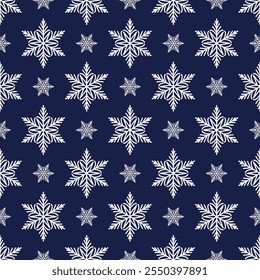 Patrón sin fisuras de copos de nieve, ilustración detallada de la línea de Vector dibujada a mano. Dibujo de doodle de contorno gráfico. Fondo de Navidades y año Nuevo para diseño de invierno helado, envoltura de regalo, embalaje, textil