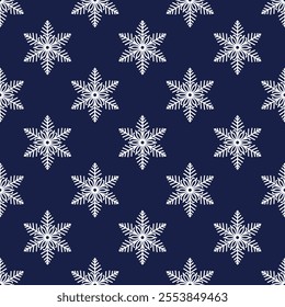 Snowflakes seamless pattern, detailed hand drawn vector line illustration. Graphic outline doodle drawing. Christmas and New Year background for frosty winter design, gift wrapping, packaging, textile