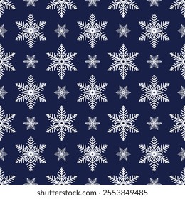 Snowflakes seamless pattern, detailed hand drawn vector line illustration. Graphic outline doodle drawing. Christmas and New Year background for frosty winter design, gift wrapping, packaging, textile