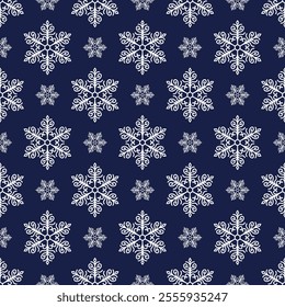 Snowflakes seamless pattern, detailed hand drawn vector line illustration. Graphic outline doodle drawing. Christmas and New Year background for frosty winter design, gift wrapping, packaging, textile