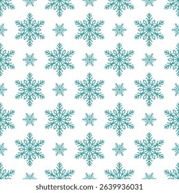 Snowflakes seamless pattern, detailed hand drawn vector line illustration. Graphic outline doodle drawing. Christmas and New Year background for frosty winter design, gift wrapping, packaging, textile