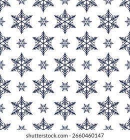 Patrón sin fisuras de copos de nieve, ilustración detallada de la línea de Vector dibujada a mano. Dibujo de doodle de contorno gráfico. Fondo de Navidades y año Nuevo para diseño de invierno helado, envoltura de regalo, embalaje, textil