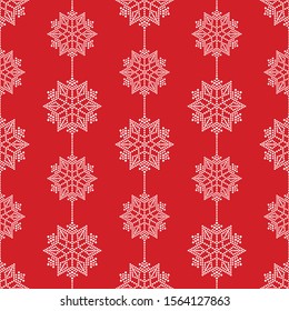 Snowflakes seamless pattern. Dotted mosaic beads of snowflakes in garlands on red background. Winter celebrations print for gift paper. Vector Illustration.