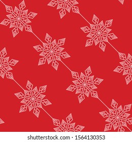 Snowflakes seamless pattern. Dotted mosaic beads of snowflakes in garlands on red background. Diagonal orientation. Winter celebrations print for gift paper. Vector Illustration.