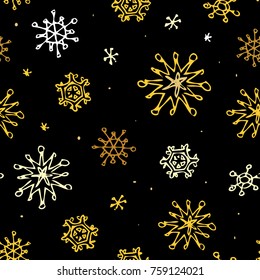 Snowflakes seamless pattern. Drawing golden snow flakes background. Hand drawn Stars. Winter vector print