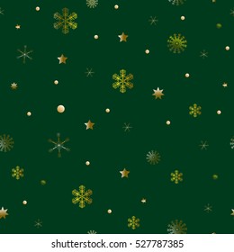Snowflakes seamless pattern. Gold snowflakes on green background