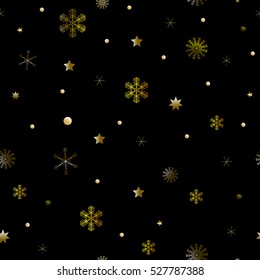 Snowflakes seamless pattern. Gold snowflakes on black background