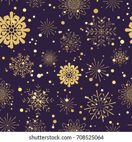 Snowflakes seamless pattern. Gold snowflakes on a dark blue vector xmas abstract background