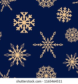 Snowflakes. Seamless pattern. Golden blue winter ornament. Background for textile and wallpapers
