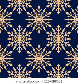 Snowflakes. Seamless pattern. Golden blue winter ornament. Background for textile and wallpapers