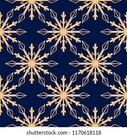 Snowflakes. Seamless pattern. Golden blue winter ornament. Background for textile and wallpapers