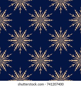 Snowflakes seamless pattern. Golden blue background with christmas elements. Vector illustration