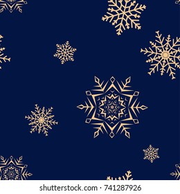 Snowflakes seamless pattern. Golden blue background with christmas elements. Vector illustration
