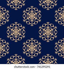 Snowflakes seamless pattern. Golden blue background with christmas elements. Vector illustration