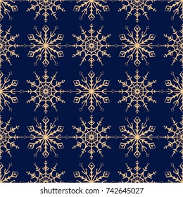 Snowflakes seamless pattern. Golden blue background with christmas elements. Vector illustration