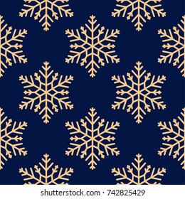 Snowflakes seamless pattern. Golden blue background with christmas elements. Vector illustration