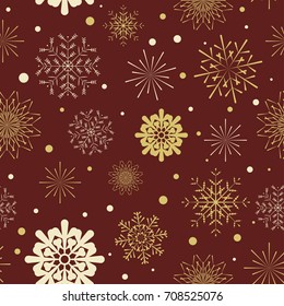 Snowflakes seamless pattern. Golden snowflakes on a dark red background