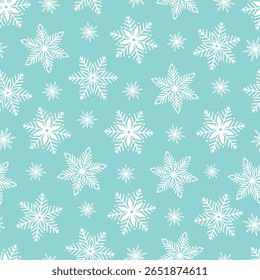 Snowflakes seamless pattern, hand drawn vector line illustration. Graphic outline doodle drawing. Christmas and New Year background for winter designs, gift wrapping, packaging, textile, wallpaper.
