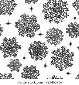 Snowflakes seamless pattern. Holiday background. Black and white vector illustration.