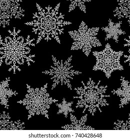 Snowflakes seamless pattern. Holiday white and blue background. Christmas vector illustration.