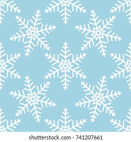 Snowflakes seamless pattern. Light blue and white background with christmas elements. Vector illustration