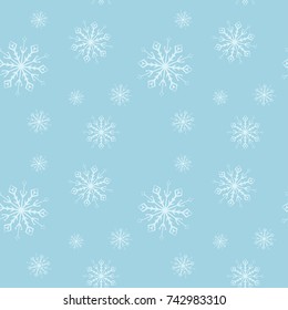 Snowflakes seamless pattern. Light blue and white background with christmas elements. Vector illustration