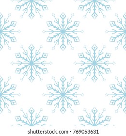 Snowflakes seamless pattern. Light blue and white background with christmas elements. Vector illustration