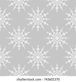 Snowflakes seamless pattern. Light gray and white background with christmas elements. Vector illustration