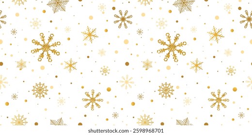 Snowflakes seamless pattern long banner. Gold glitter snowflakes background. Luxury Christmas frame. Winter ornament. New Year garland. Celebration snowfall. Vector illustration.