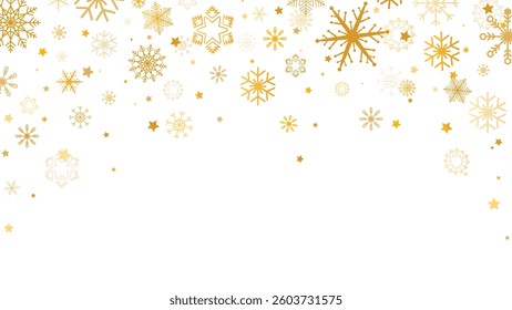 Snowflakes seamless pattern long banner. Gold glitter snowflakes background. Luxury Christmas frame. Winter ornament. New Year garland. Celebration snowfall. Vector illustration.