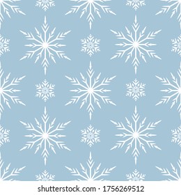 Snowflakes seamless pattern.  Magic holiday texture for Merry Christmas. Vector isolated winter festive background for wrapping paper.
