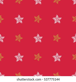 Snowflakes. Seamless pattern. Merry Christmas and happy new year. Vector illustration isolated on red background for decorating cards, christmas packaging, poster, celebratory events.