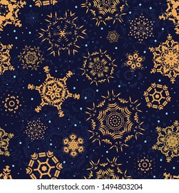 Snowflakes seamless pattern. New year. Christmas. Night sky with a Golden snowfall. Vector illustration. Colorful abstract background.Fashionable print for fabrics, interior textiles, magazine covers.