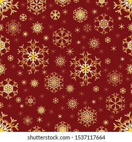Snowflakes. Seamless pattern. New Year's and Christmas. On a burgundy background, golden and bright snowflakes. Snowflakes have a golden gradient. Vector illustration.