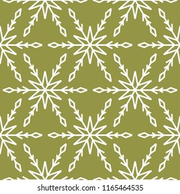 Snowflakes. Seamless pattern. Olive green winter ornament. Background for textile and wallpapers