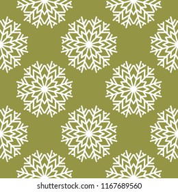 Snowflakes. Seamless pattern. Olive green winter ornament. Background for textile and wallpapers